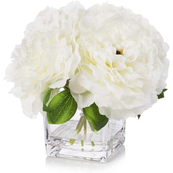 Silk Peony Flowers Arrangements in Cube Glass Vase with Faux Water